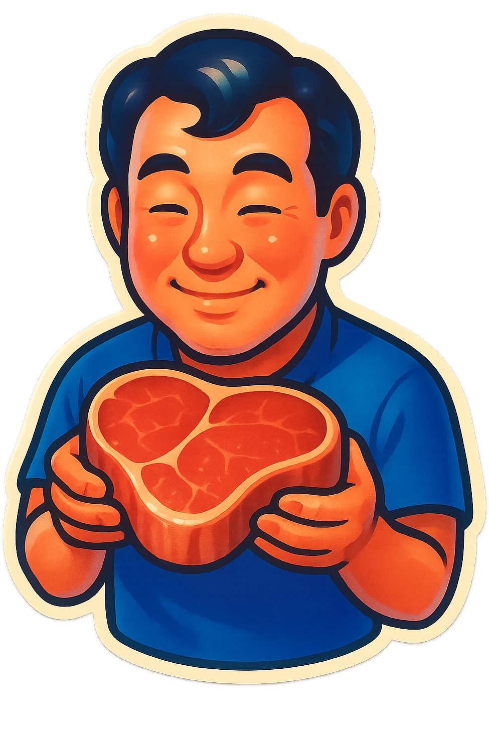 A Japanese man with a loving look holds a steak in his hands, preparing to eat it emoji