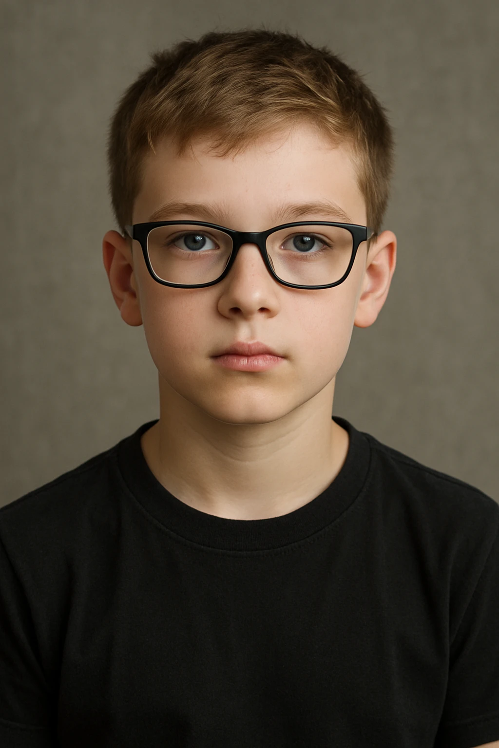 upper body portrait of a white boy with blue eyes, wearing black glasses and a black t-shirt, neutral expression emoji
