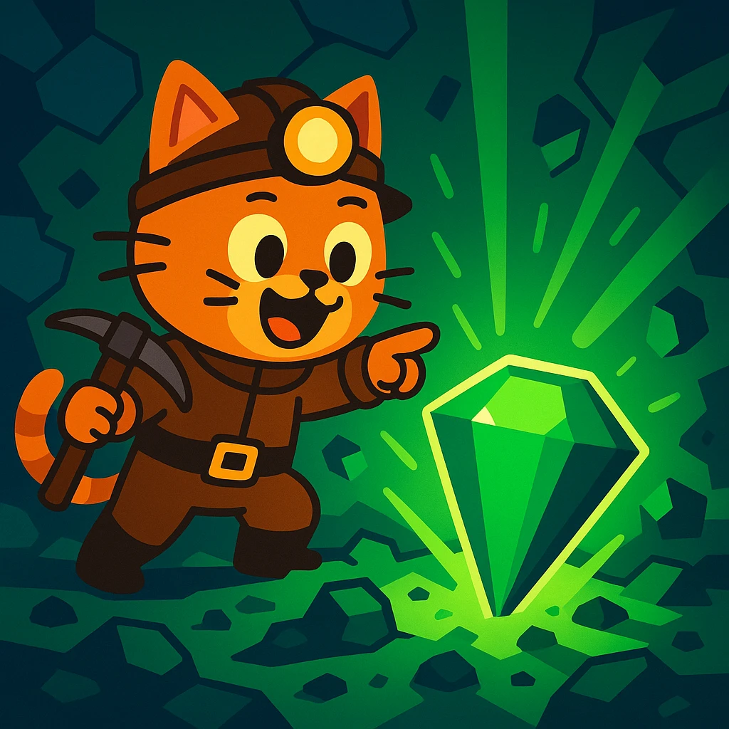 A cat-costumed miner excitedly finding a massive emerald at y -255, cartoon style, with glowing green light. emoji