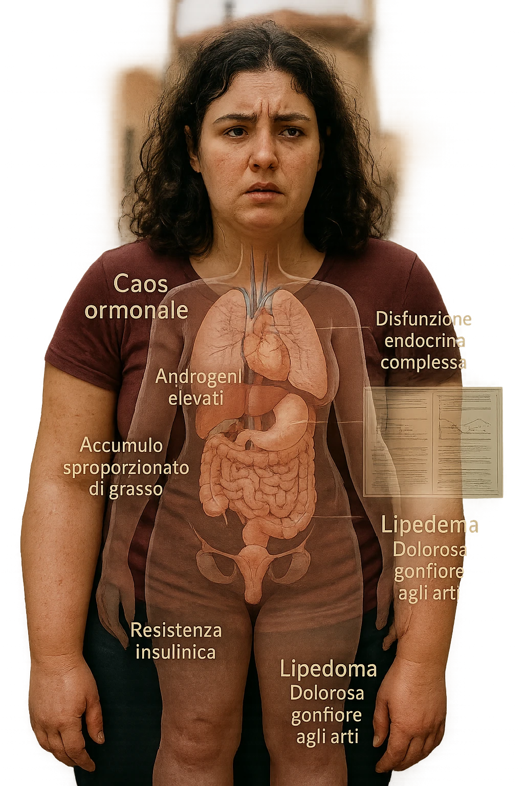 cinematic realistic in italiano Woman with PCOS struggling with hormonal chaos, transparent overlay showing elevated androgens and insulin resistance affecting her body, lipedema causing disproportionate fat accumulation in legs and arms despite normal torso, expression of frustration with unexplained weight gain, medical charts showing complex endocrine dysfunction, painful swollen limbs contrasting with metabolic confusion in italiano emoji