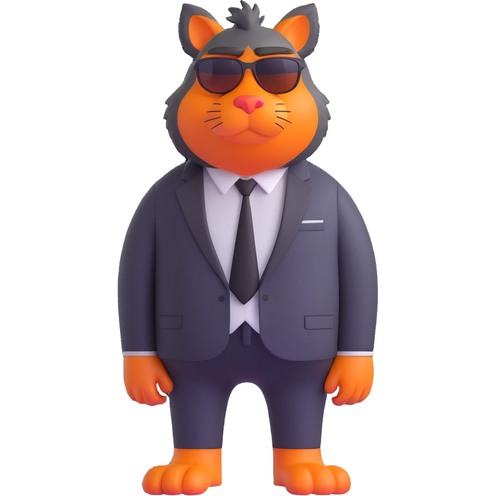 large furry cartoon creature with big orange nose, wearing sunglasses and black tie, standing upright, looking slightly to the left, grumpy expression, centered full body, plain blue background, 3D rendering style, smooth textures, bright lighting, humorous and playful mood emoji