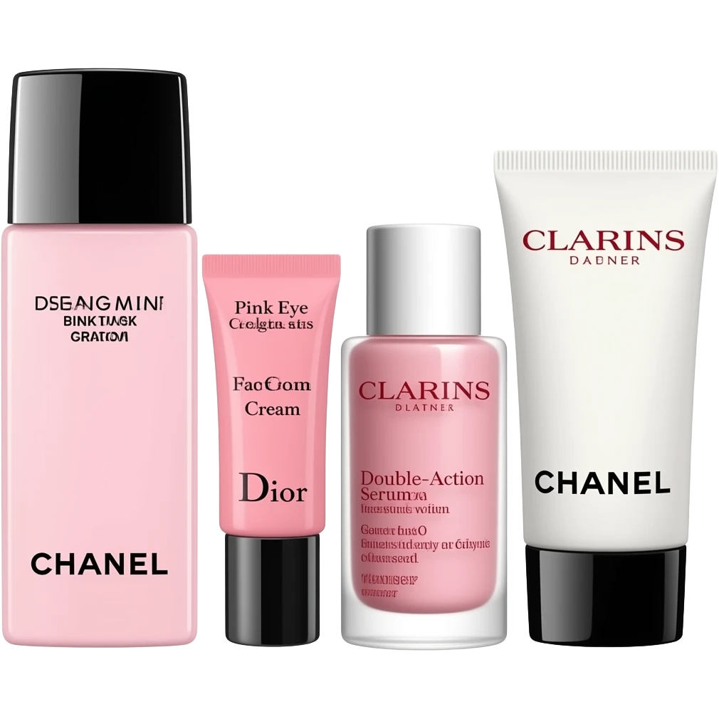 Chanel Pink Lotion, Dior Pink Eye Cream, Dior Face Cream, Clarins Double-Action Serum, and Chanel Cleanser, with a sheet mask next to them emoji