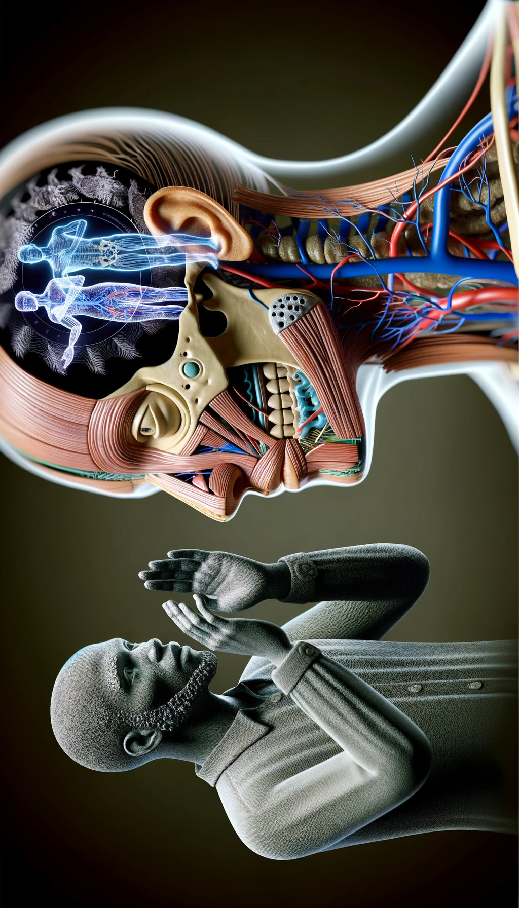 corpo umano anatomico che parla ma sopra di lui c'è il muto, un altra persona lo ascolta, immagine iperrealistica 4k emoji