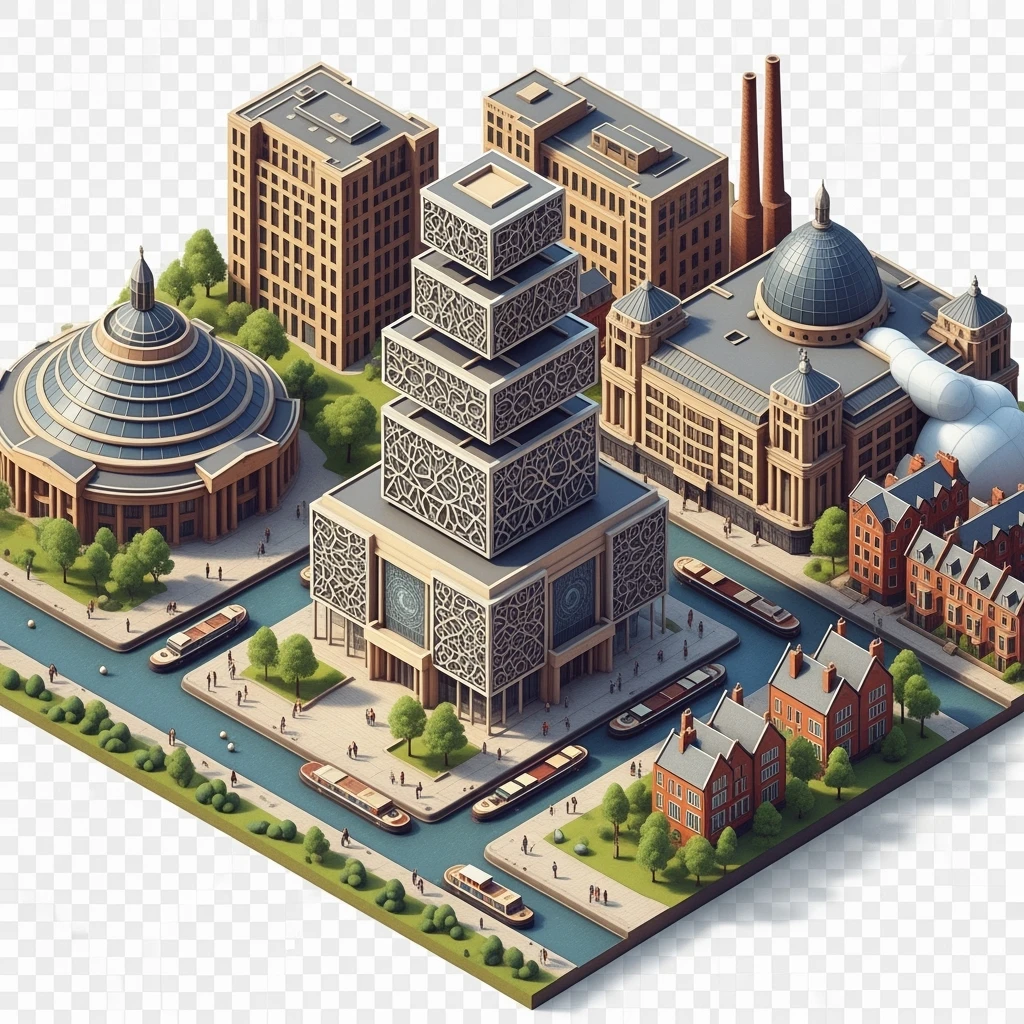 Isometric illustration of Birmingham, featuring the Library of Birmingham with its modern architecture and nearby canals, highly detailed in semi-realistic style, balanced between stylized and realistic, 3D miniature effect, transparent background. emoji
