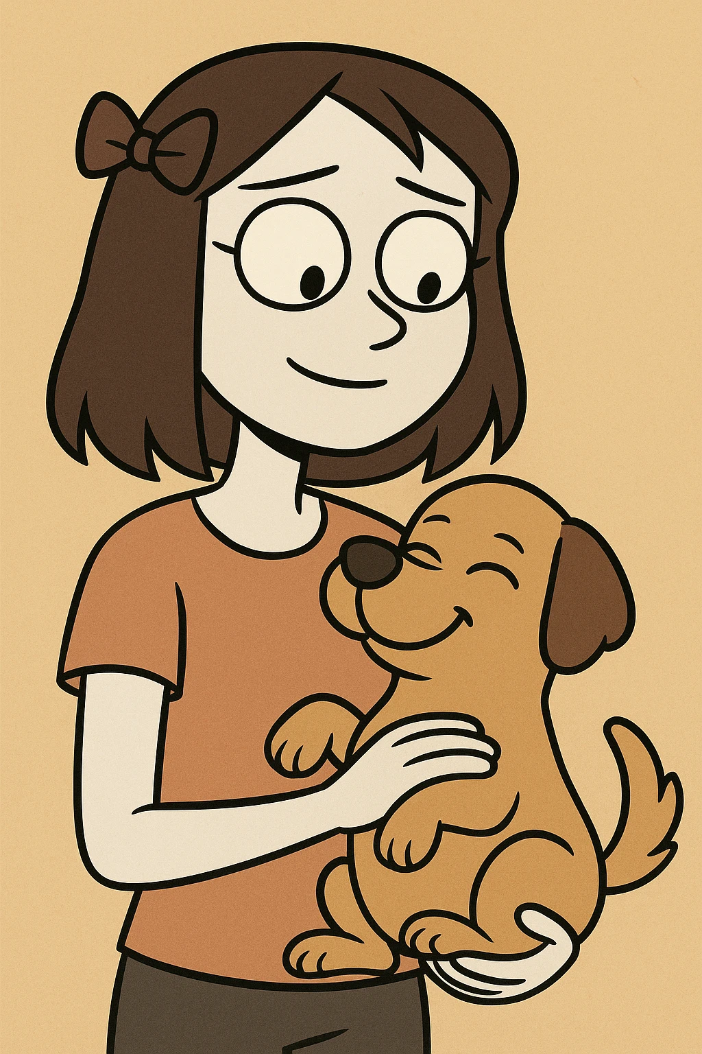 A pale girl with brown shoulder-length hair tied with a ribbon hairclip, holding a dog emoji