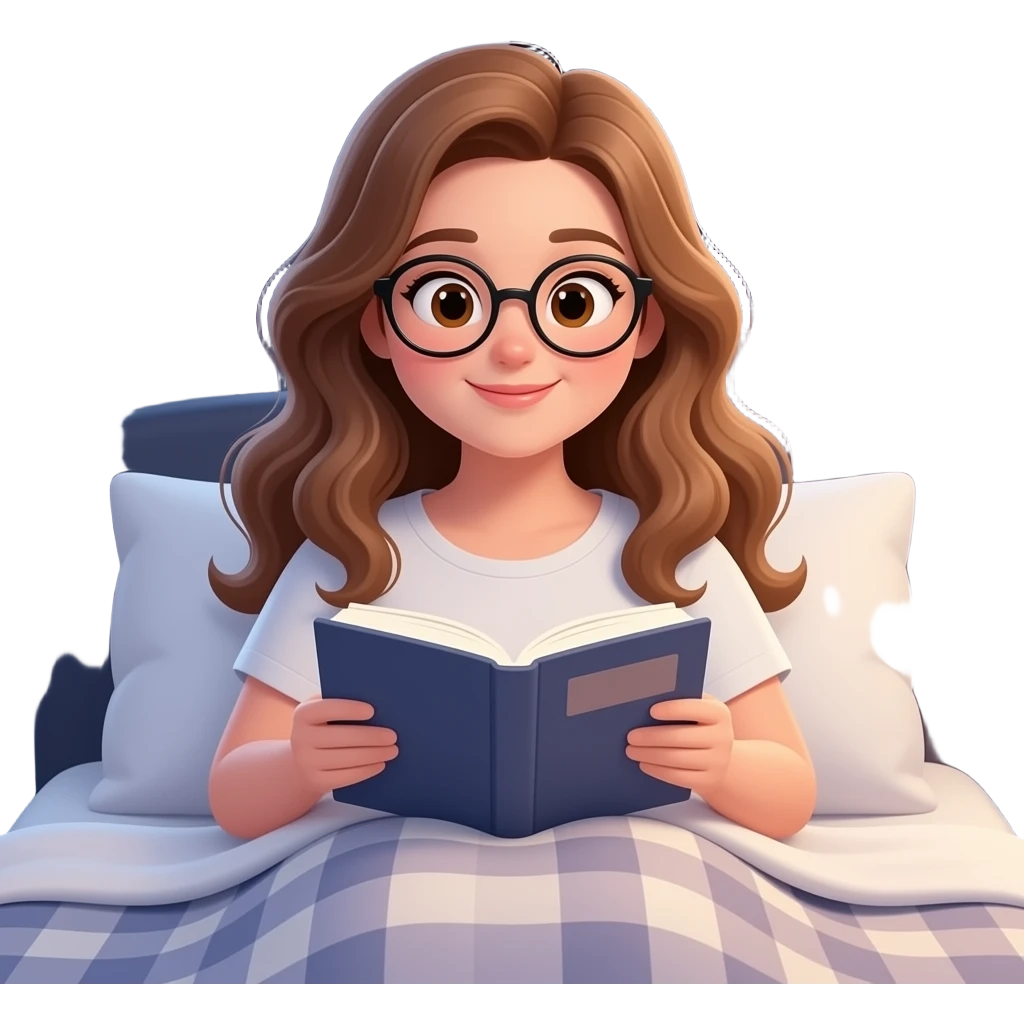 detailed emoji illustration of a curvy woman with long light brown wavy hair, light brown eyes and round glasses sitting in bed under a blanket and reading a book, cozy night reading atmosphere, cute emoji style emoji