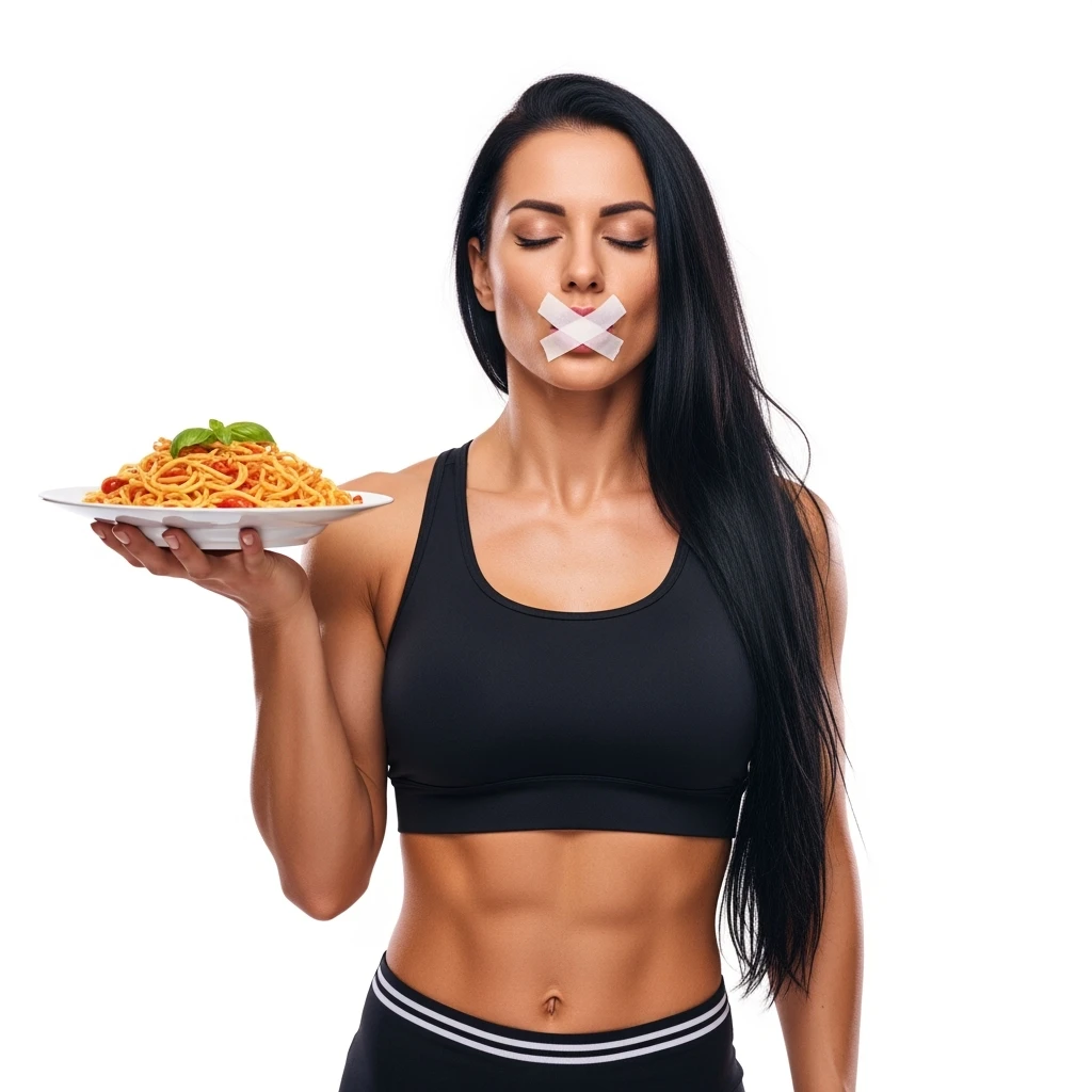 DONNA FITNESS ITALIANA PIATTO DI PASTA IN MANO E SCOTCH A CROCE SULLA BOCCA, IPERREALISTICA 4K, ISOLATA SU SFONDO BIANCO emoji