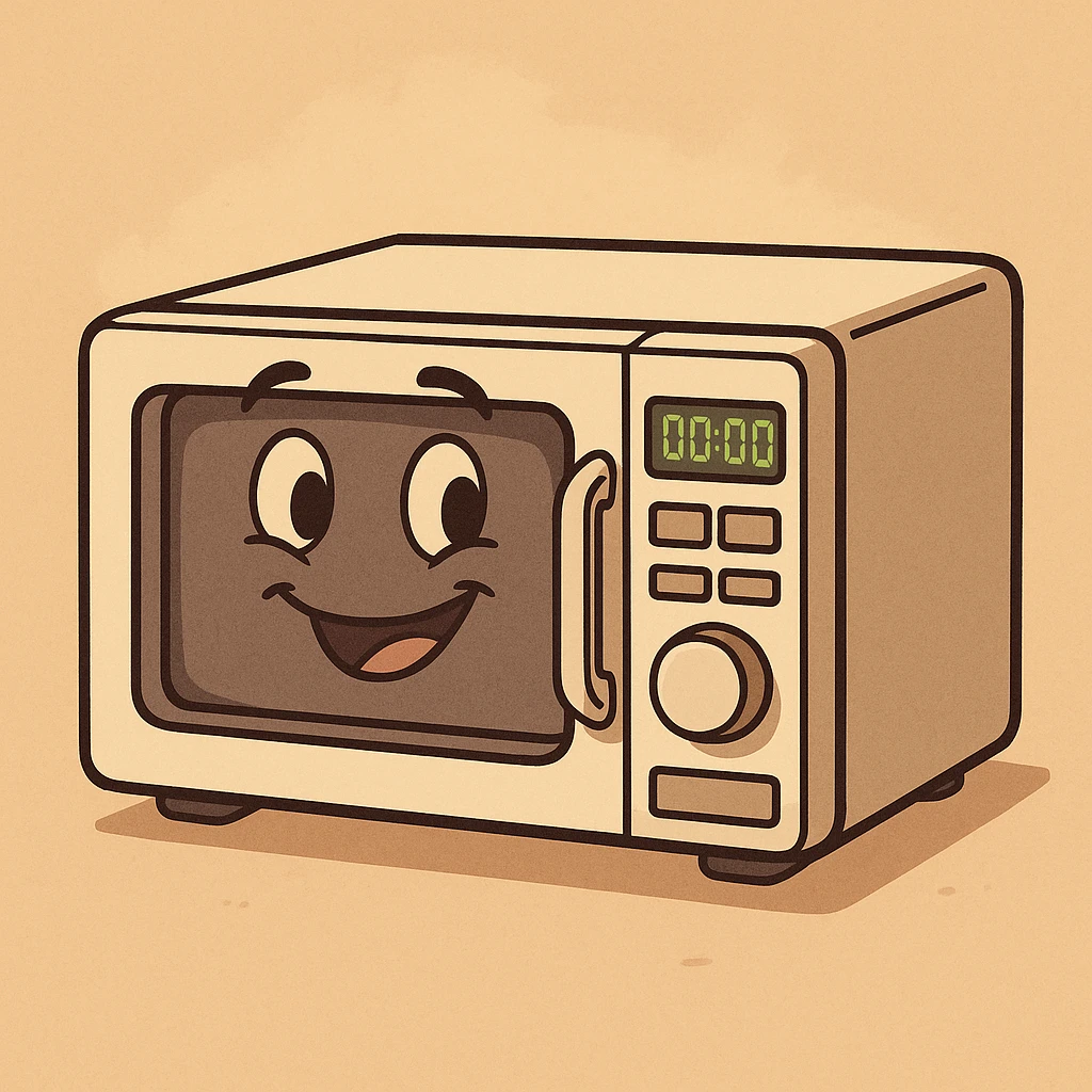 cartoon-style microwave oven with a digital display emoji