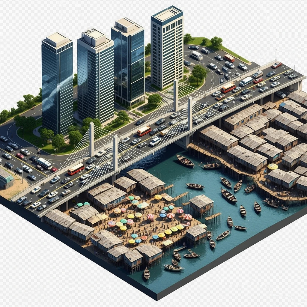 Isometric miniature of Lagos Lekki-Ikoyi Bridge, Eko Atlantic skyscrapers, Makoko slums, tin-roof shacks, chaotic markets, gridlocked traffic, 3D miniature effect and Tilt Shift effect, no cartoonish look, transparent background, don't cut angles emoji