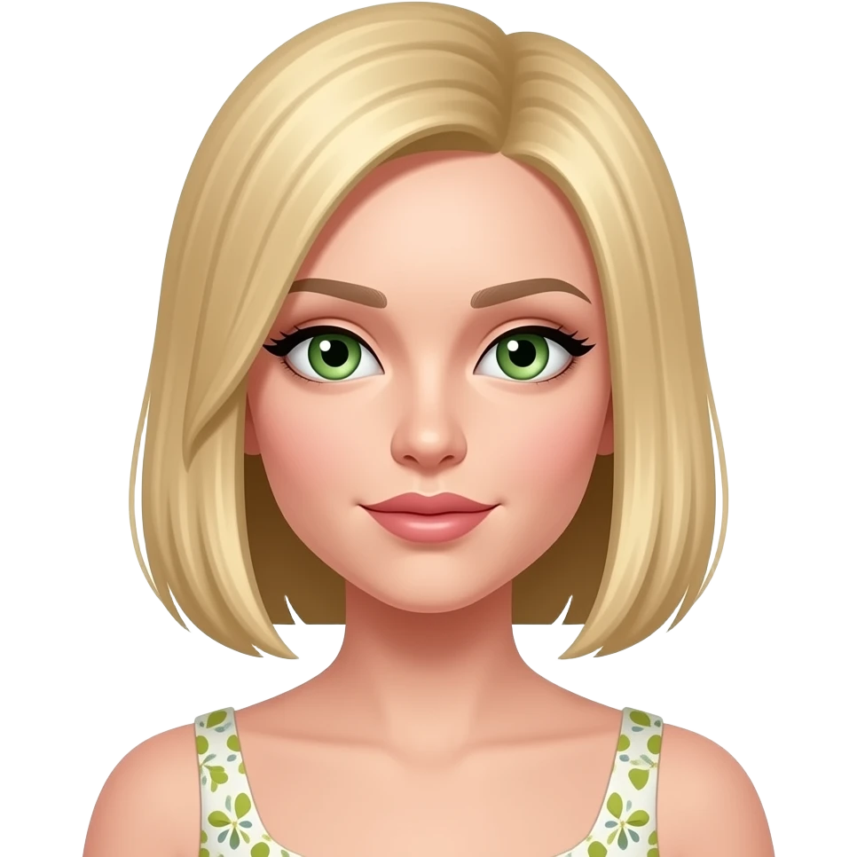femme, cheveux carré blonds lisses, yeux vert pétants, en robe emoji