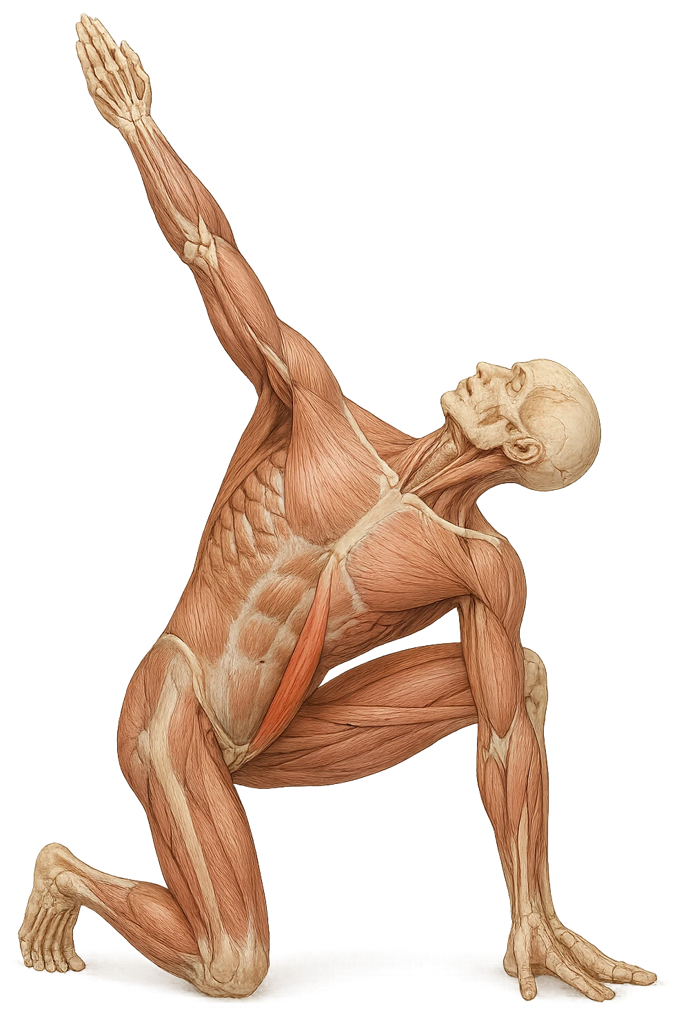 corpo umano anatomico realistico che fa stretching allungando il muscolo PSOAS, isolato su sfondo bianco emoji