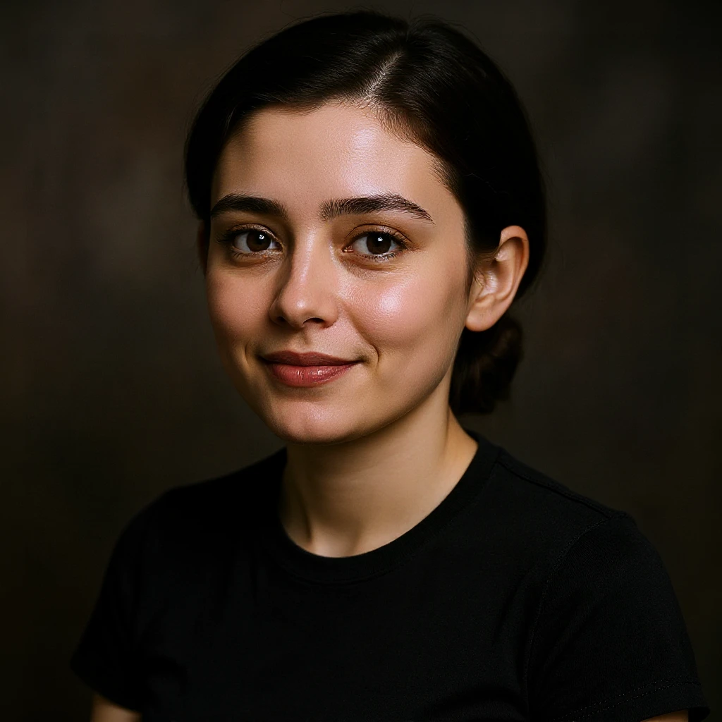 Realistic portrait with a darker background and a slightly turned head. emoji