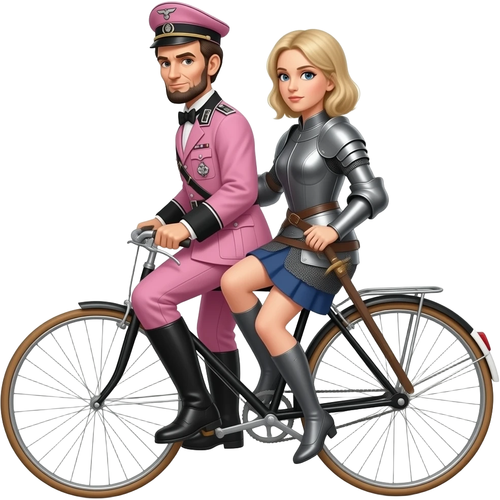 cinematic realistic - Abraham Lincoln in the pink German uniform of World War II transports the thin and serious Joan of Arc on a vélocipède emoji