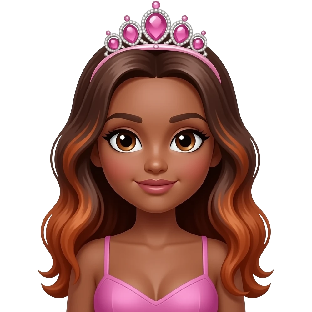 hair with pink tiara, Dark brown eyebrows,Dark brown skin, Doll shaped face, doll eyes, wavy with side part longer straightened auburn  hair with dark brown highlights, big breast no bra emoji