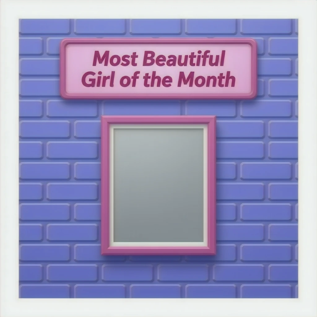 blue and purple A stylish brick wall background with a centered photo frame hanging on it, above the frame there is a sign that reads “Most Beautiful Girl of the Month”, soft lighting, realistic brick texture, subtle shadows on the wall, empty frame for photo inspired by barbie colour pallete emoji