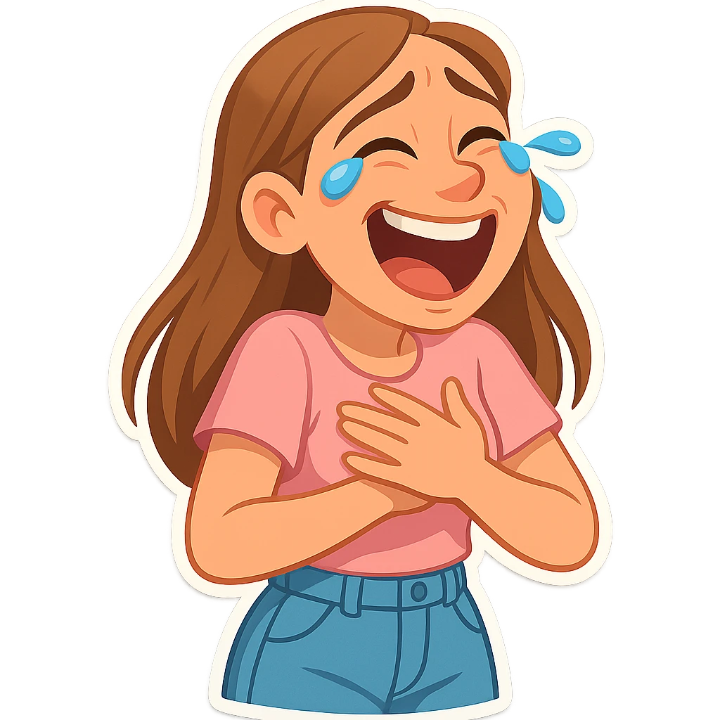 3D cartoon sticker, DreamWorks style of a 30-year-old woman with long light brown hair below shoulder blades, fair skin, large expressive blue eyes, slight bump on nose, wearing a pastel pink t-shirt and light blue mom jeans, laughing to tears, soft light, white sticker outline emoji