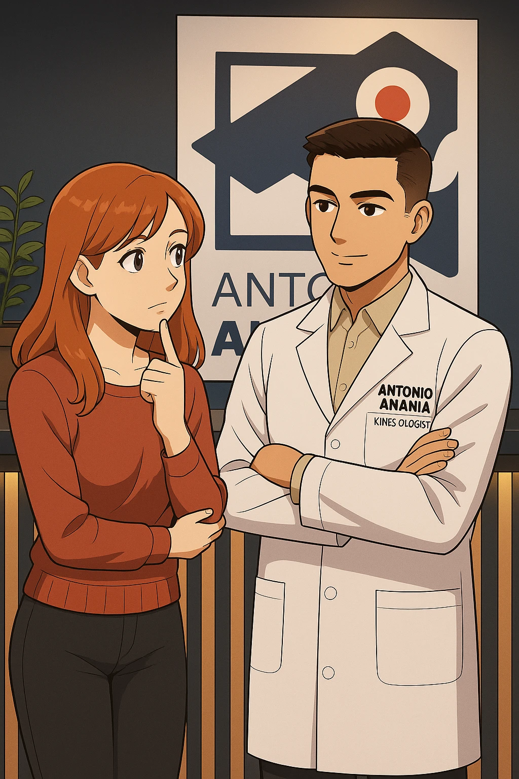 su questo stile fai un manga/webtoon a colori in cui una donna SI TOCCA IL MENTO MENTRE FA UNA DOMANDA ALL'UOMO, l'uomo della foto in stile manga LE SPIEGA CHE DEVE PROVARE LA SUA VALUTAZIONE MEDICA, mantieni un ambiente simile alla foto che ho allegato con il suo logo (sarebbe il suo studio, lui è un kinesiologo), scrivigli "ANTONIO ANANIA" sul camice bianco, non mettere fumetti, ma fai in modo che sembri che la donna CHIEDA E  l'uomo RISPONDA emoji
