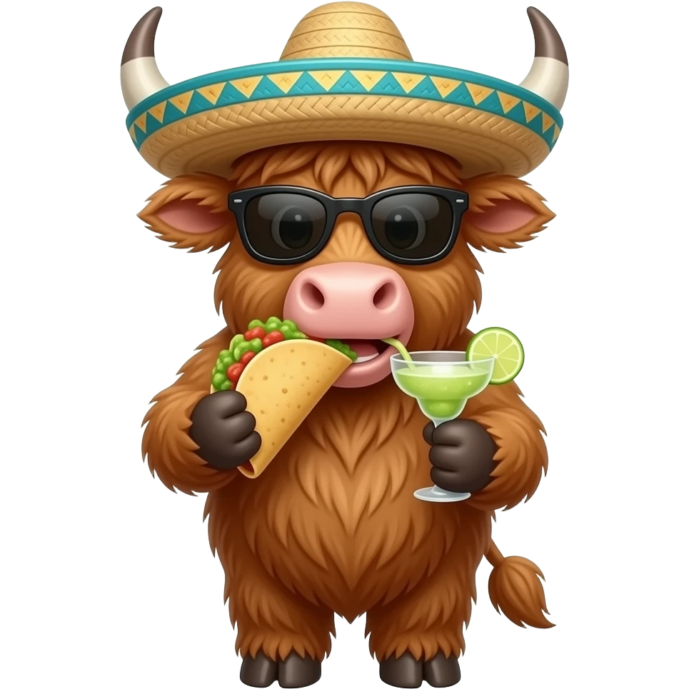 animated highland cow eating tacos and guacamole,wearing a pancho sunglasses and sombrero drinking a margarita emoji