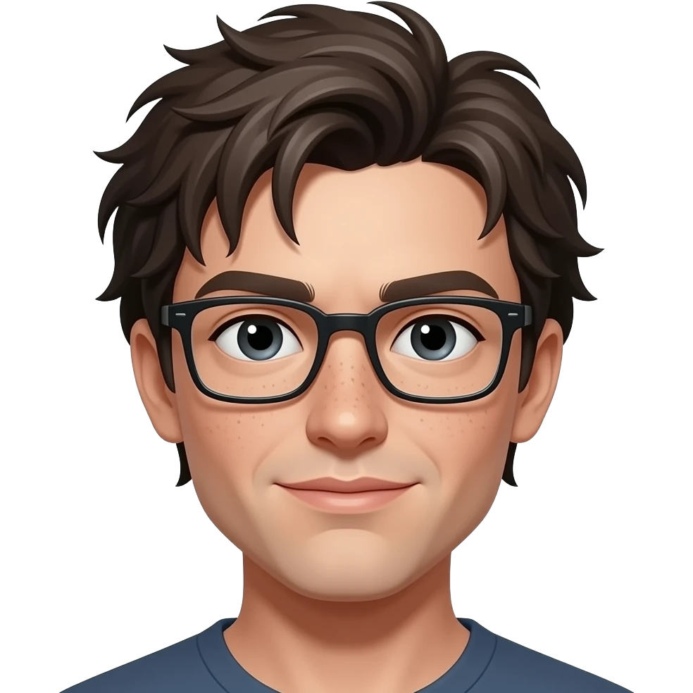 a person with bad hair.. it should be combed to the side and in front and the small side should ve to the other side..he should have freckles mainly on the nose and other parts of face.. he wears small square spectacles.. emoji