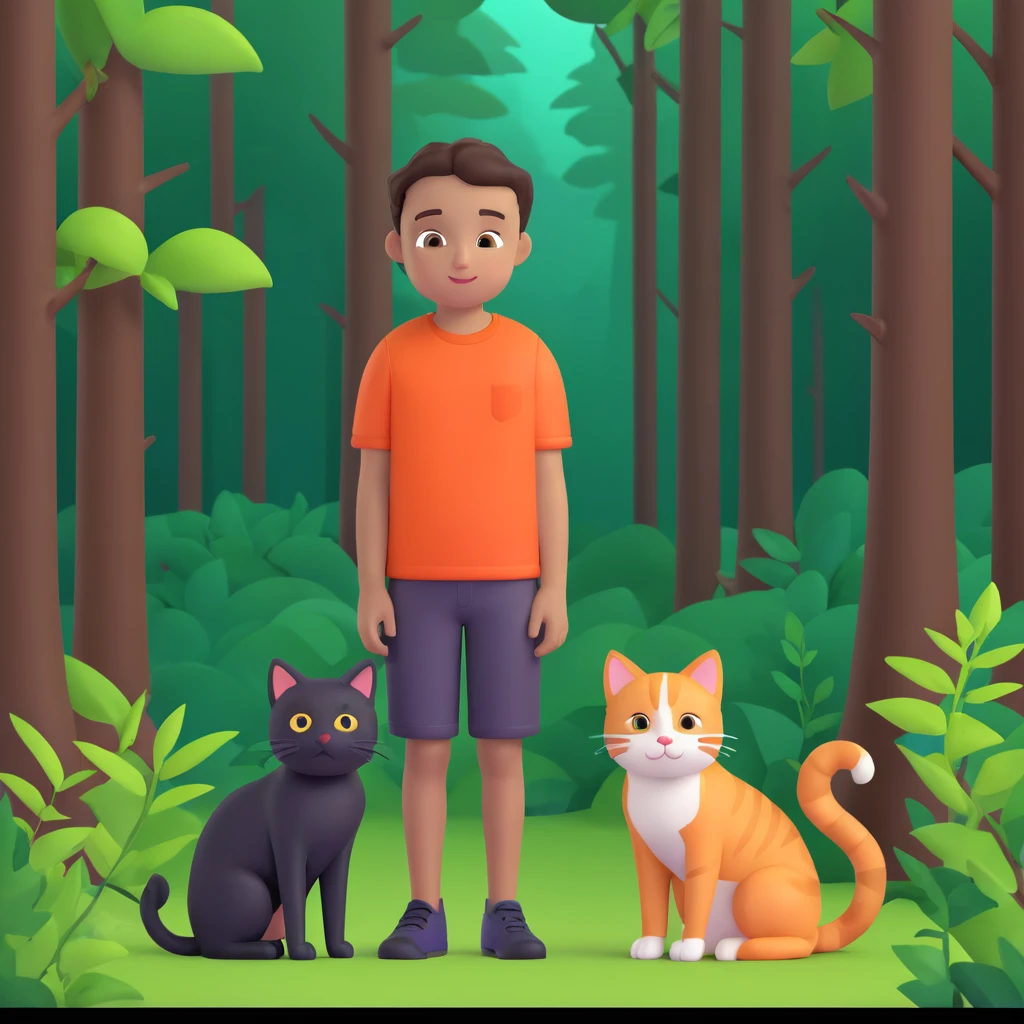 boy and cat pet in forrest background, close up pose emoji