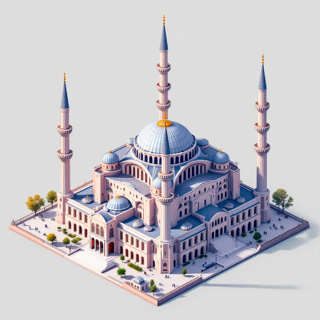 Isometric illustration of Istanbul, featuring real photorealistic Hagia Sophia with ts large central dome and four tall minarets, with real transparent background emoji