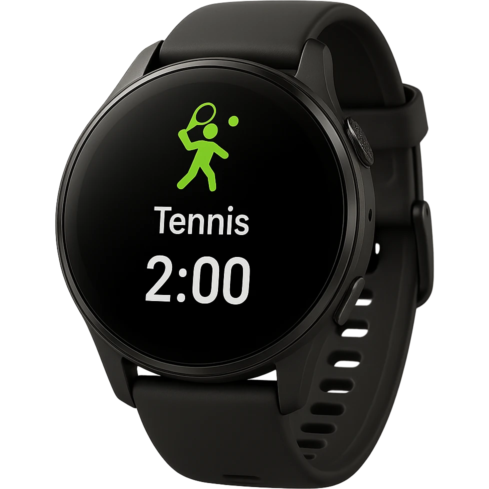 smartwatch con modalità attiva di tennis che segna 2 ore di tennis, REALISTICA 4K emoji