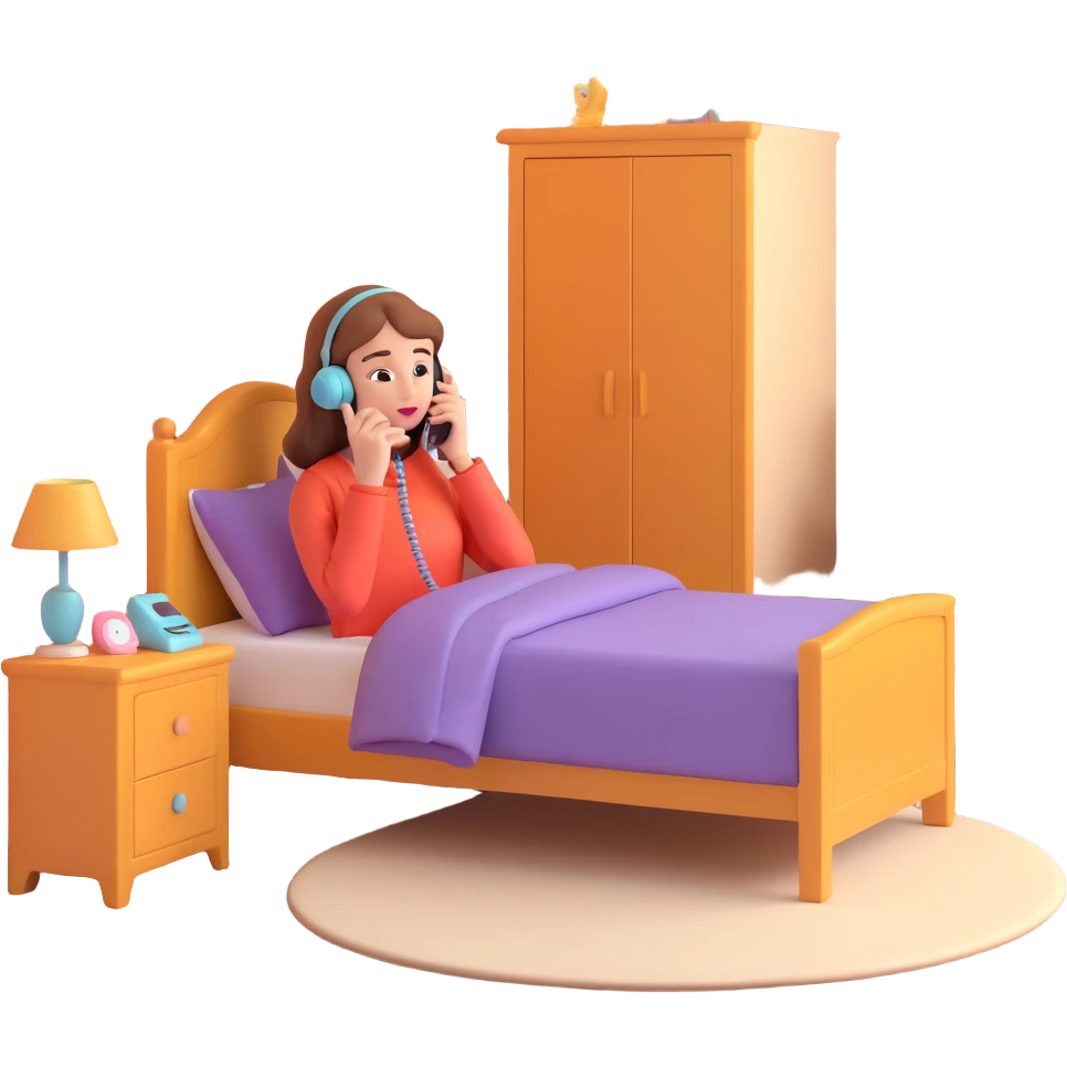 girl talking on phone bedroom background, close up pose emoji