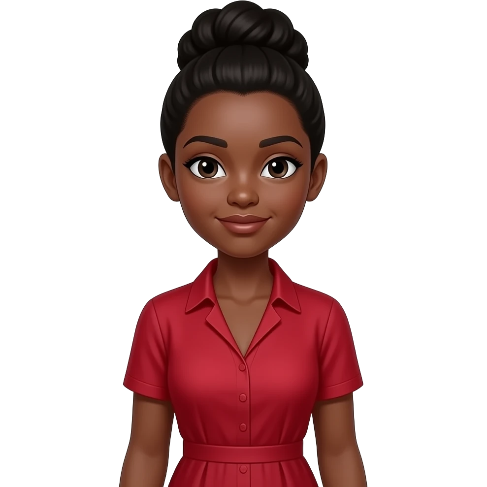 Can you generate a black girl with a updo and wearing a v-line red dress shirt that is tight in the middle? emoji