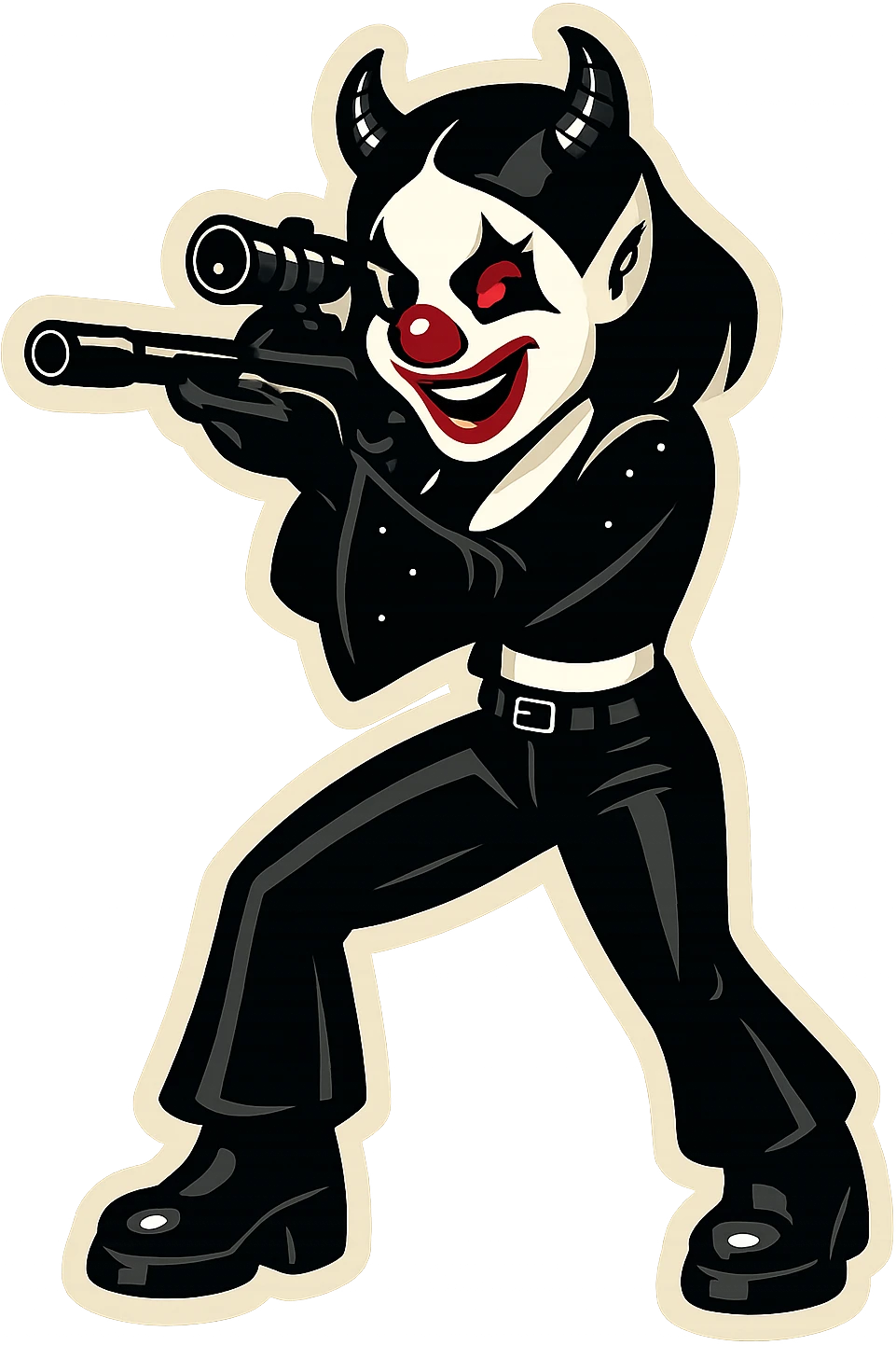 Render the character in retro sticker style with clean lines and a single subject. The character's nose, eyes, and mouth are red; the rest of the look is black, white, or gray. Transparent background. emoji