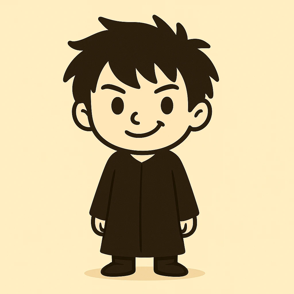Adjust the character's face to exactly match the style of the references: simple black oval eyes and a subtle smile, keeping the messy black hair, long black dress, and a mischievous expression, with a light beige background. The style should reflect the look of the provided references. emoji