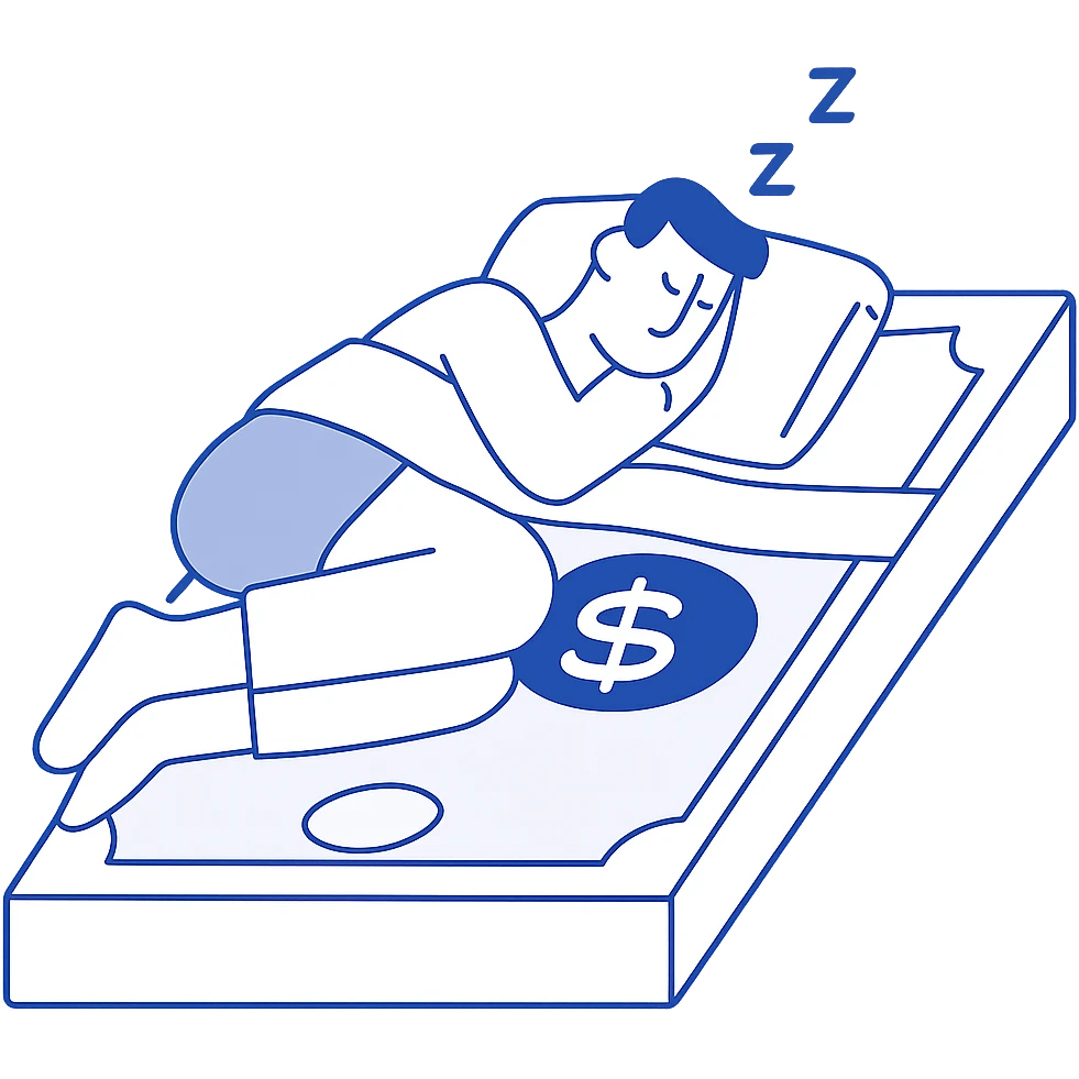 person sleeping on bed made of dollar bills emoji