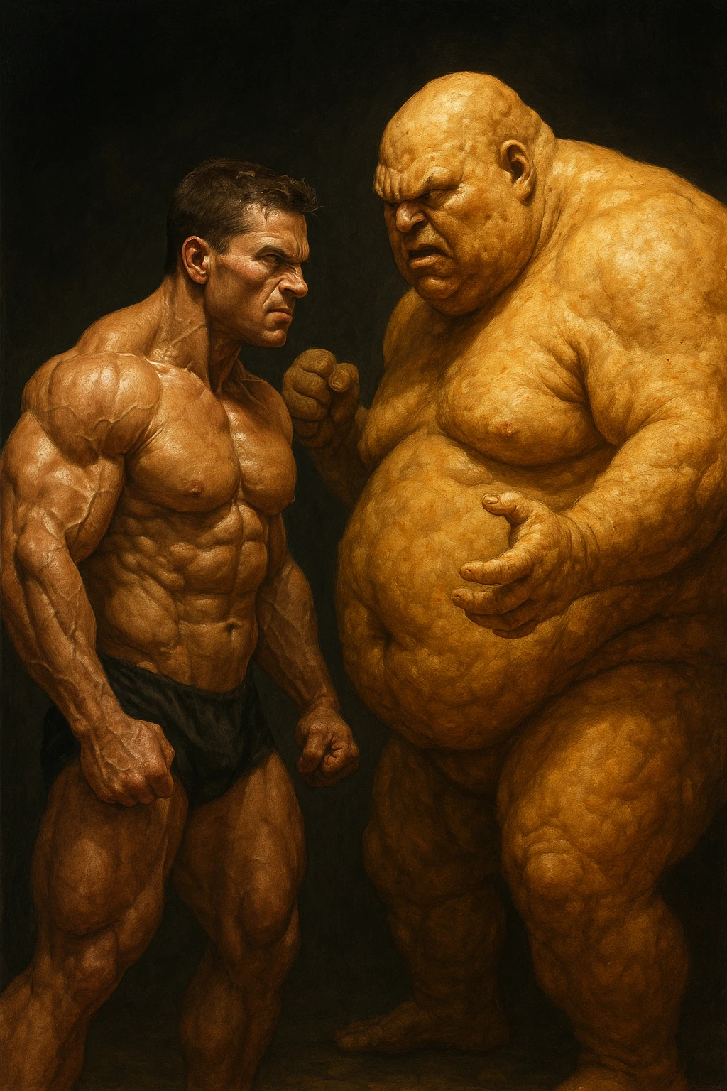 realistic scene of a muscular bodybuilder confronting personified body fat as an adversary, intense atmosphere, detailed natural features, 2:3 aspect ratio emoji