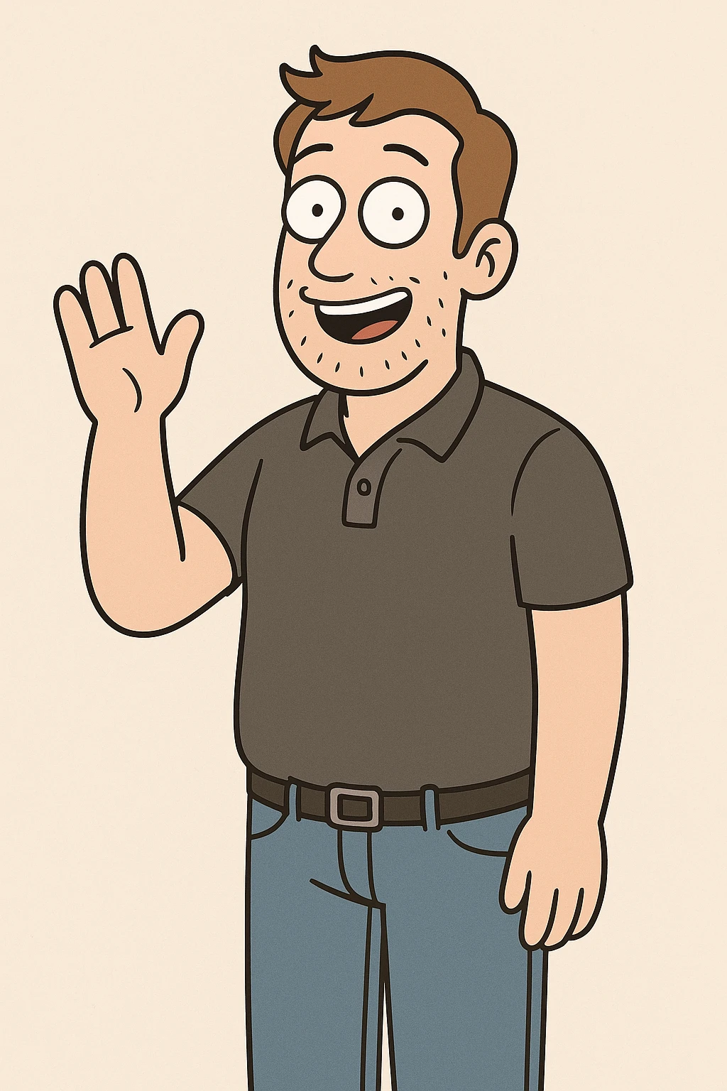 A man and light brown hair Dark Grey Pique Polo Shirt blue jeans hand to say hello emoji