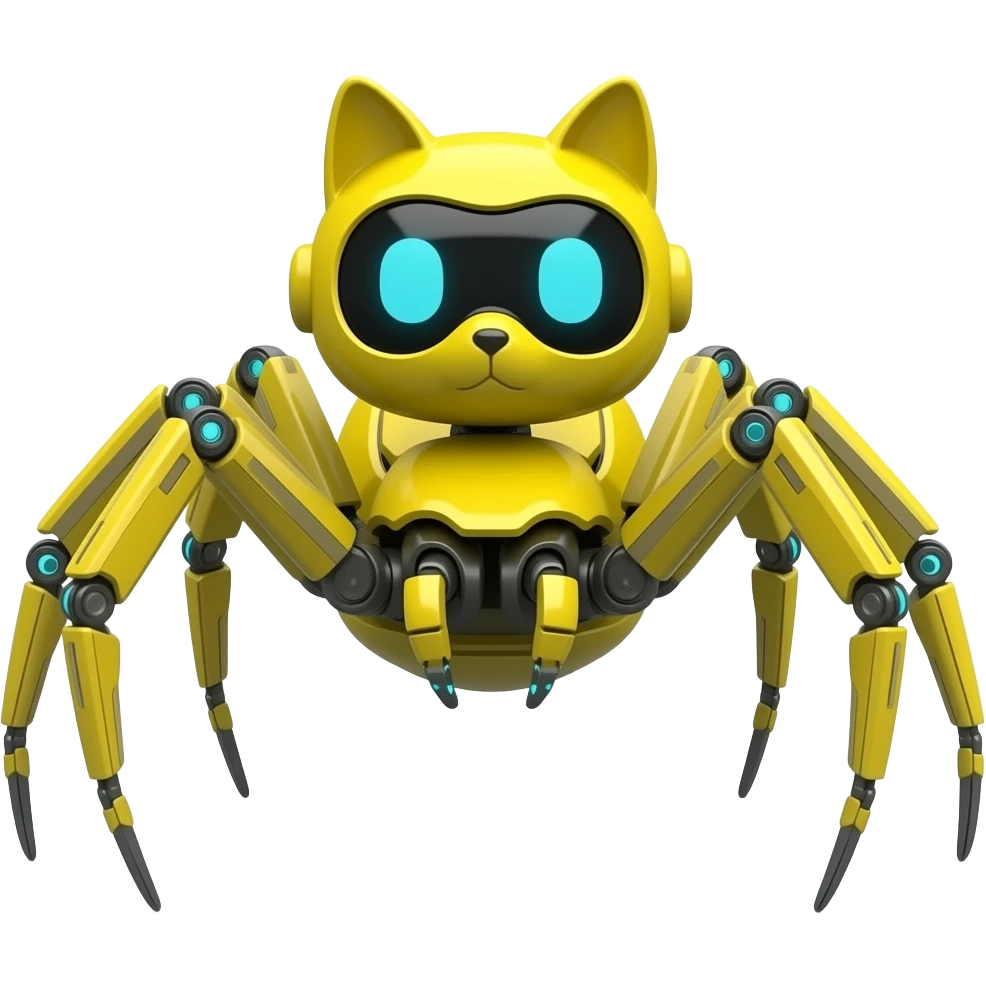 yellow Robot spider with a  yellow robot cat head hybrid emoji