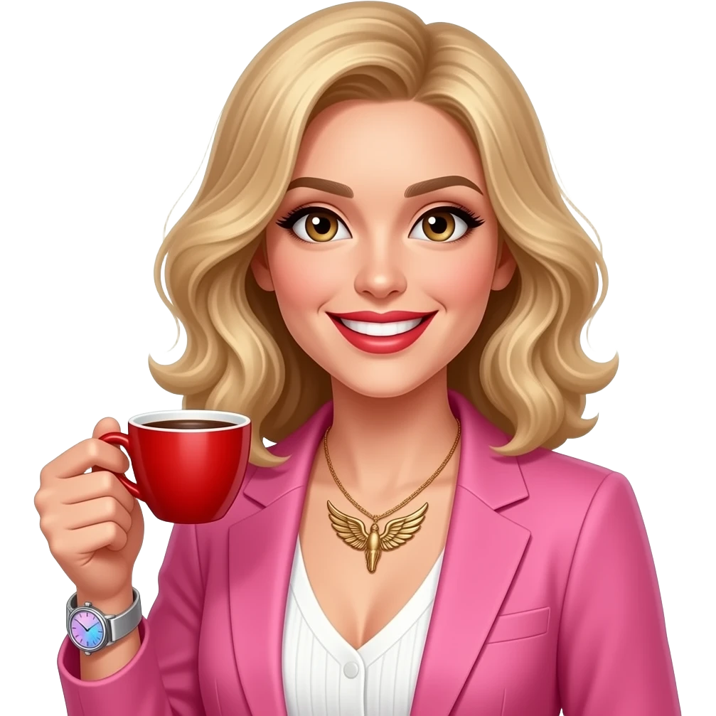 Slightly wavy blonde hair + Big light brown eyes with spark + happy teeth smile +  bronze color angel wing necklace + armwatch with blue&pink hologram dial and silver band + red lipstick + pink blazer + white pullover with open neck + left red coffee cup porcellain with narrow cup long + wunderbar emoji