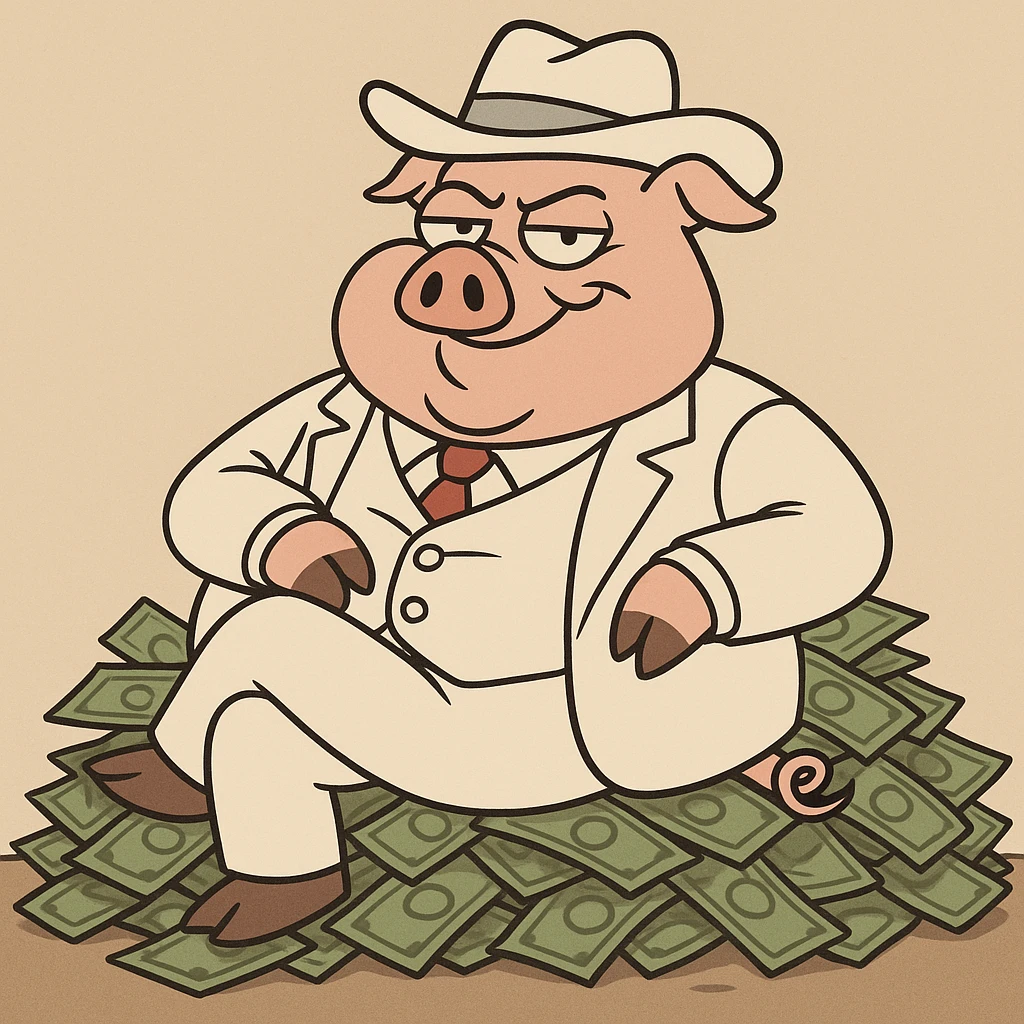 boss hog piggy, sitting on a pile of money, smirking, cartoon style emoji