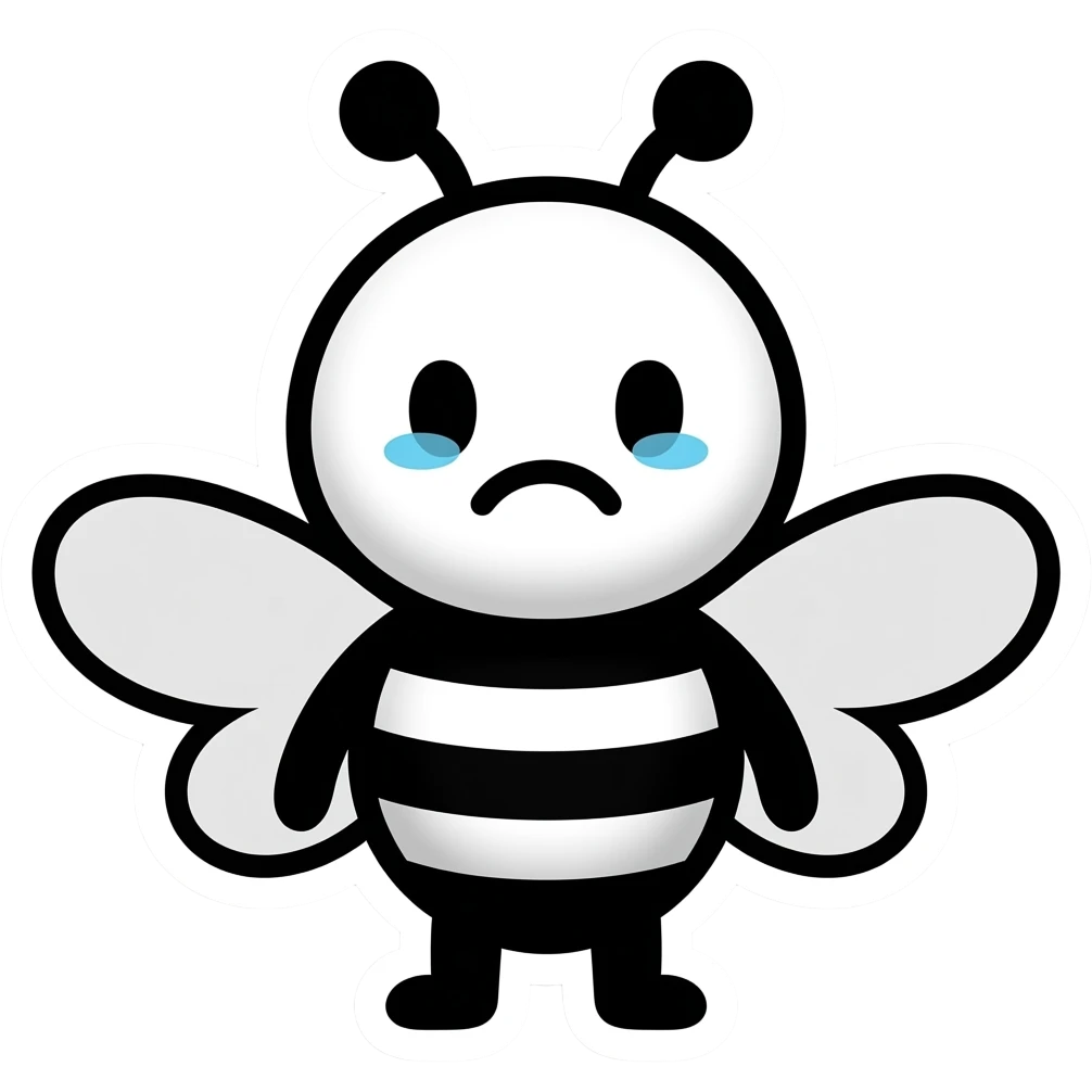 minimal bee mascot, dot eyes, small tears, sad curved mouth, ultra minimal black and white, bold outline, white sticker border emoji