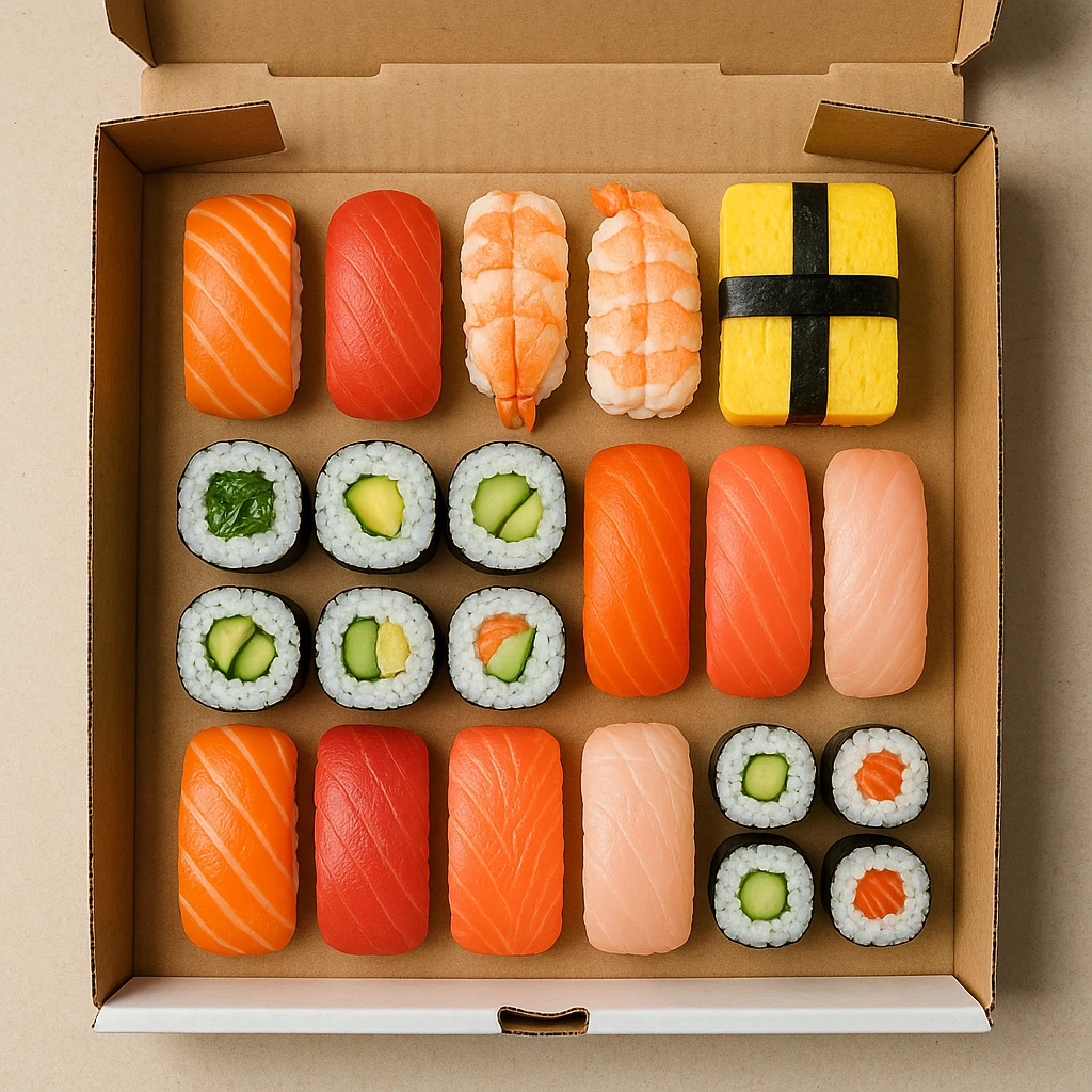 top-down view variety of sushi pieces in a pizza delivery box emoji