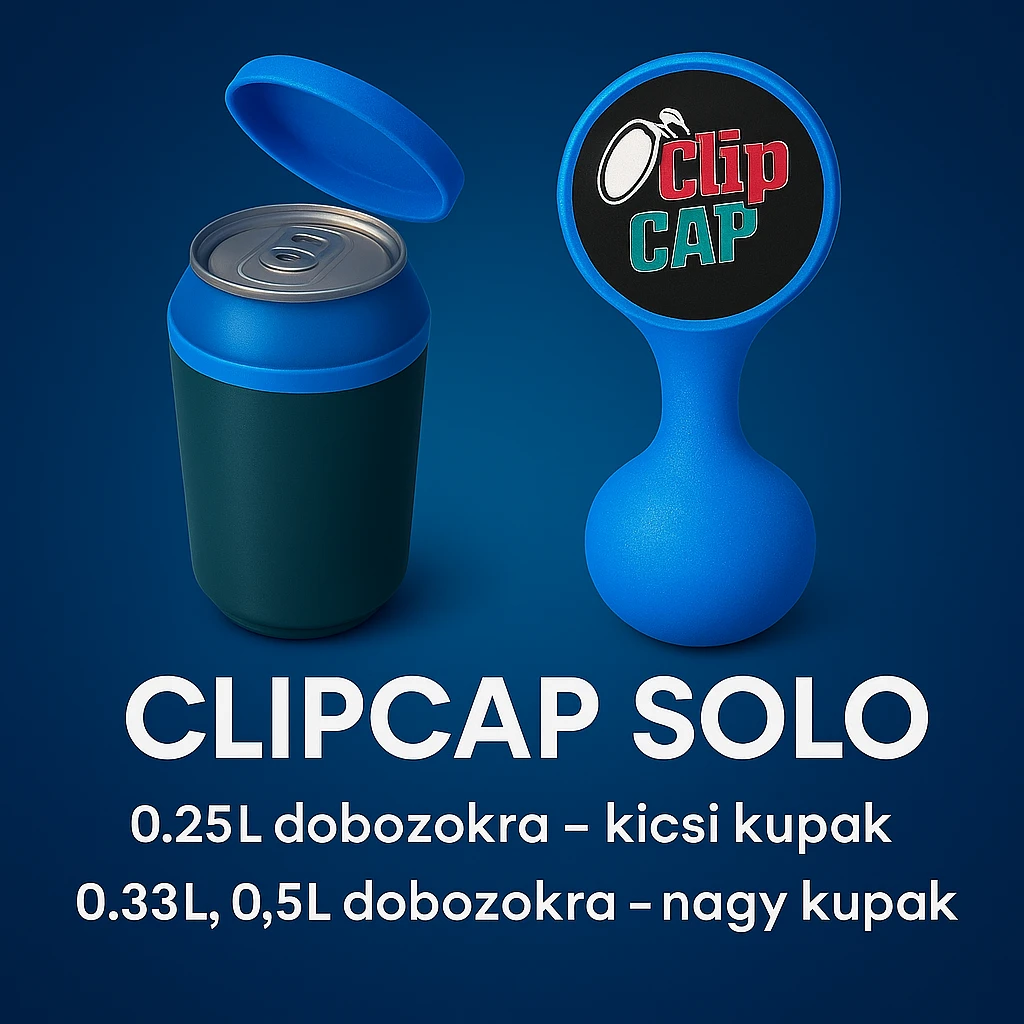 A kupakokat színezd át kékre. A CLIPCAP DUO felírat helyett CLIPCAP SOLO felírat legyen, a "kicsi és nagy kupak a csomagban" szöveg helyett "0.25L dobozokra - kicsi kupak" és a "0.33L,0.5L dobozokra - nagy kupak" külön sorban. A 0.25L, a 0.33L, a 0.5L-t ponttal írd! emoji