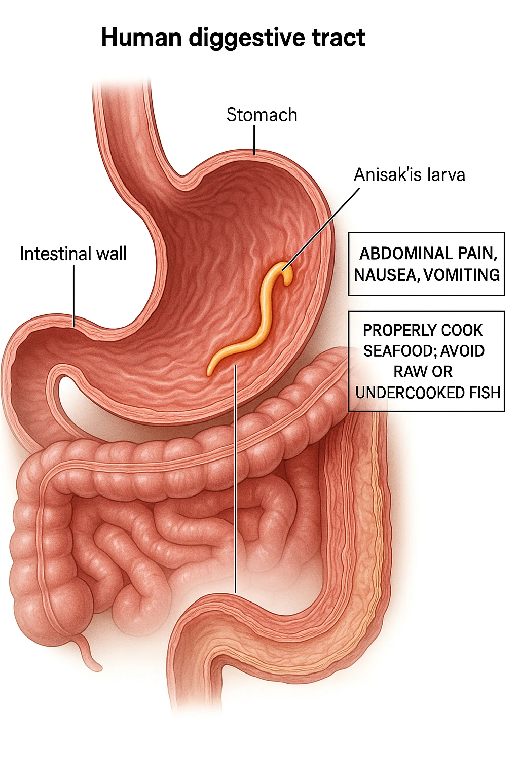 a cutaway view of the human digestive tract, showing an Anisakis larva attached to the stomach or intestinal wall. The parasite is highlighted in color, with surrounding tissue rendered in realistic detail. Educational labels describe symptoms and prevention. emoji