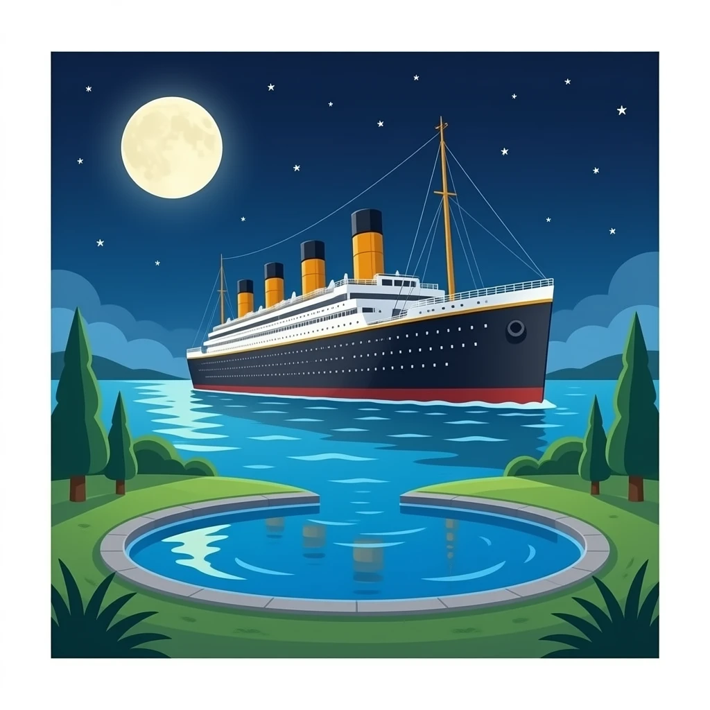 The sunken ship Titanic floats in the night sky above a shallow pool of water emoji