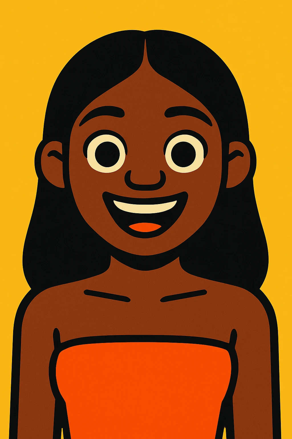 Make the character have long black hair, keep the tube top, in vibrant toon style. emoji