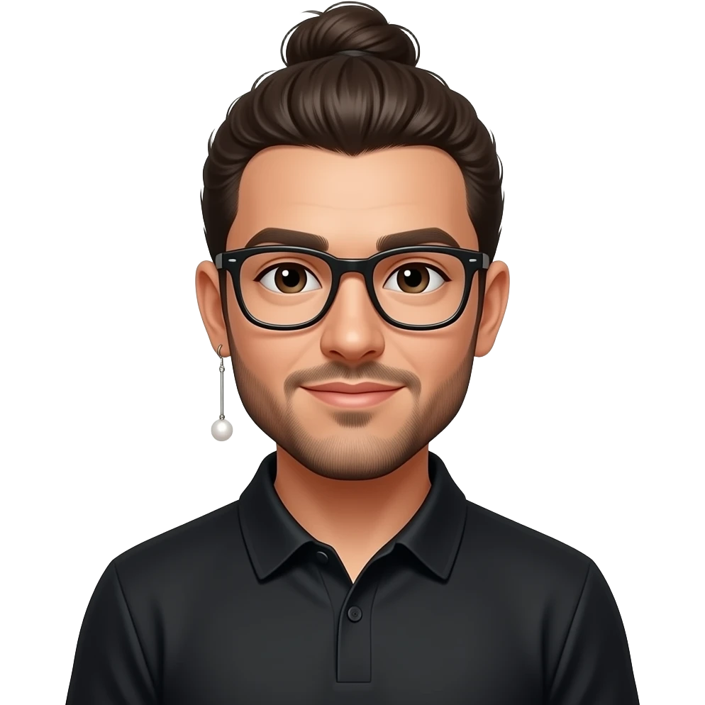 Men with a Messy bun and glasses, long earing with white pearl and black polo emoji