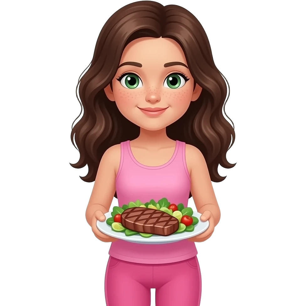 young girl in the style of iphone emoji people, fair skin, green eyes, freckles,long dark brown wavy hair, pink tank top and pink leggings, eats healthy food, steak and salad emoji