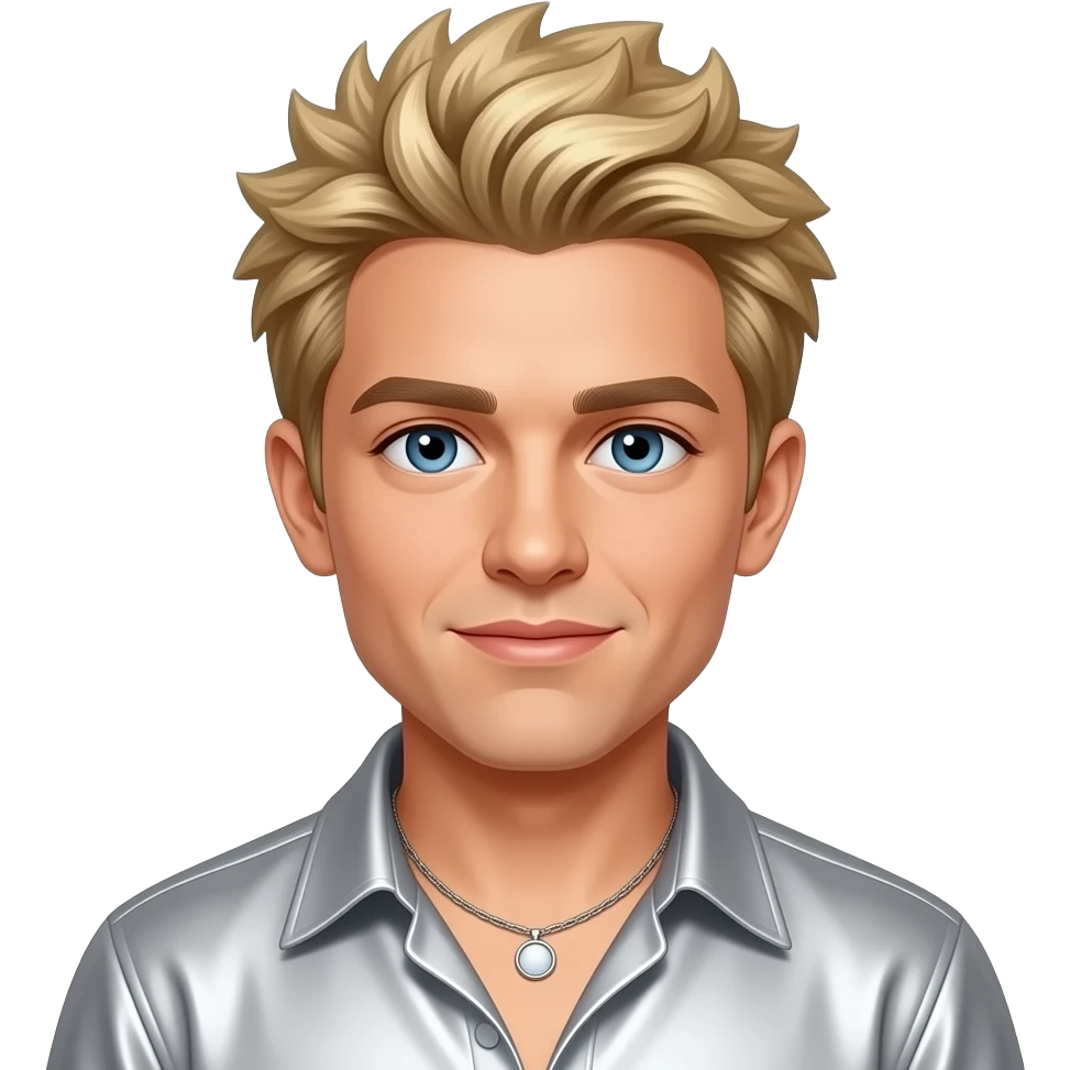Ashley Parker Angel (Male Singer) from O-Town with blue eyes, blonde 2000s spiky hair, silver metallic shirt, necklace emoji