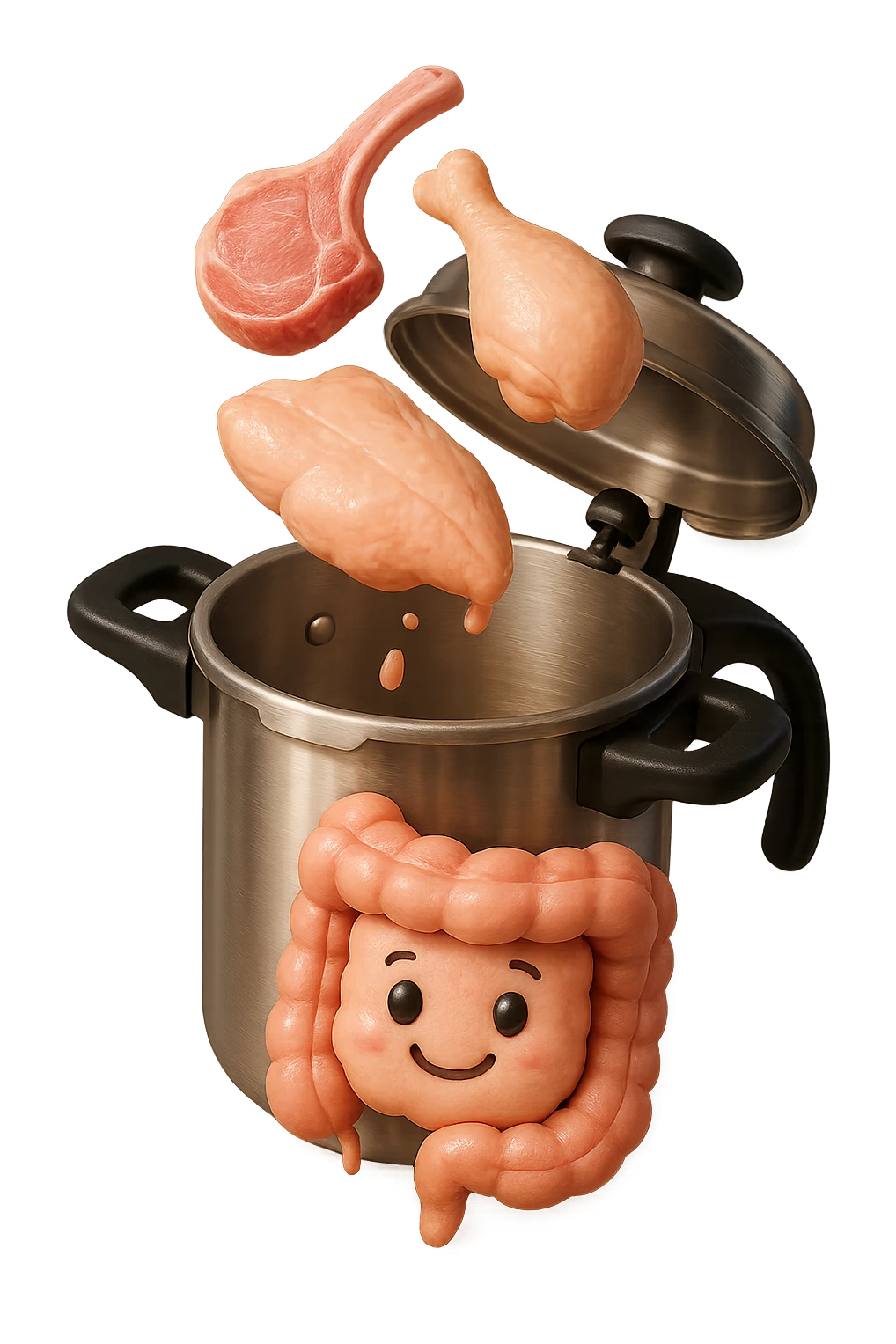 emoji stile iphone in 3d di una pentola a pressione dentro cui cadono agnello, pollo, tacchino crudi e un intestino umano felice da cuocere, iperrealistico 4k emoji