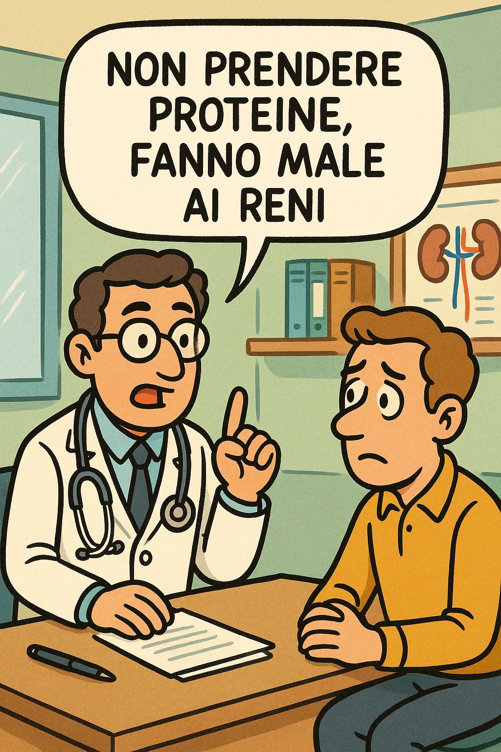dottore che dice al paziente di non prendere proteine perchè fanno male ai reni in italiano emoji