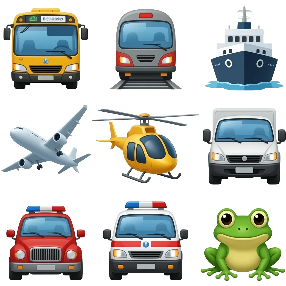 11 vehicles: car, bus, train, ship, airplane, bicycle, helicopter, truck, fire engine, ambulance, and frog emoji