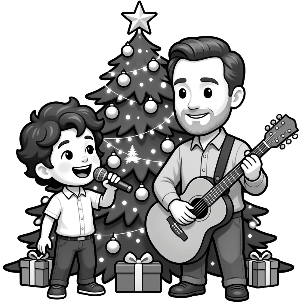 rocking around the Christmas tree one boy with black outline with shirt decorating the tree one boy wavy hair black outline is singing with his dad one boy asian hair is sentemential feeling in the house emoji