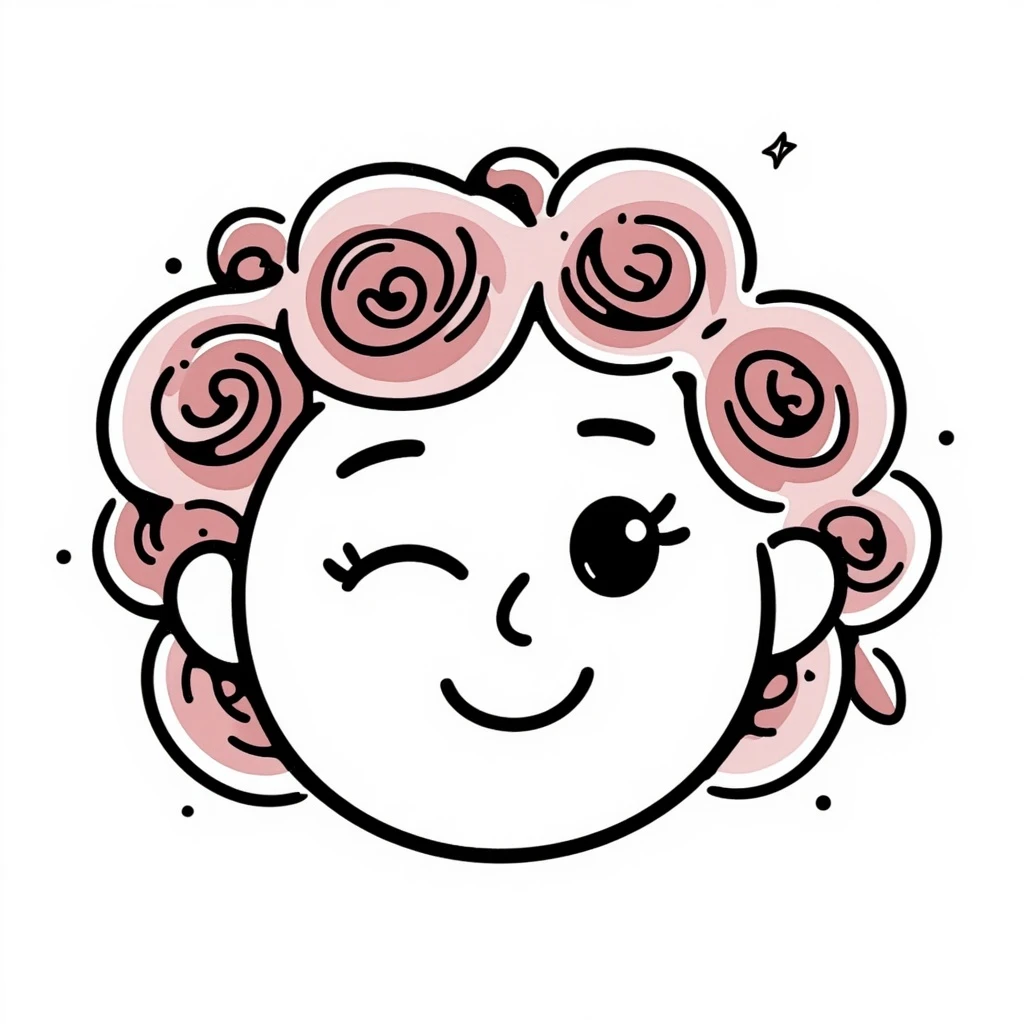 Wink face with rose petals as hair emoji